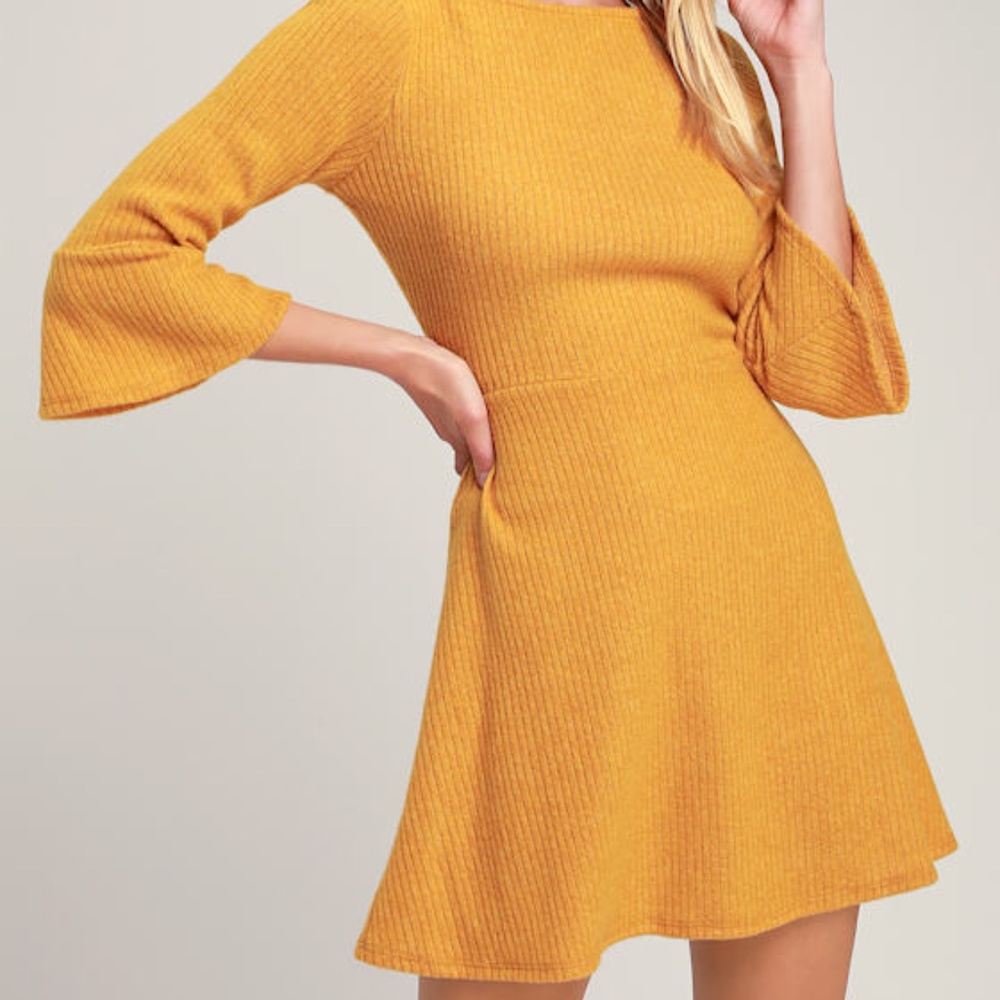 Lulus Mustard Yellow Flounce Sleeve Skater Dress - Size S